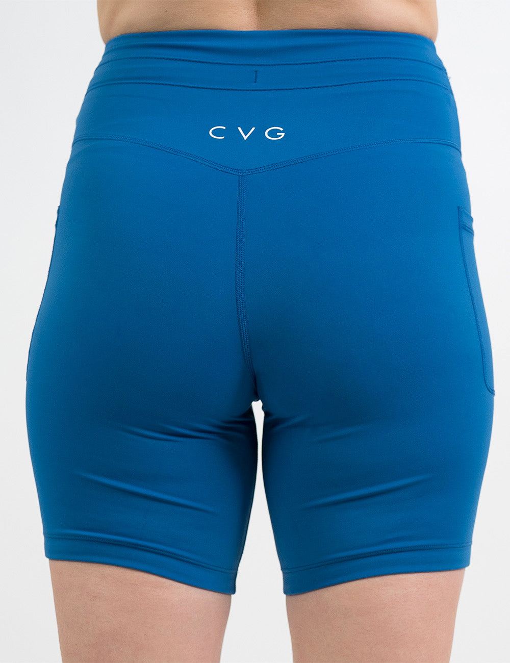 back of the 7 inch blue omni style shorts against a white background