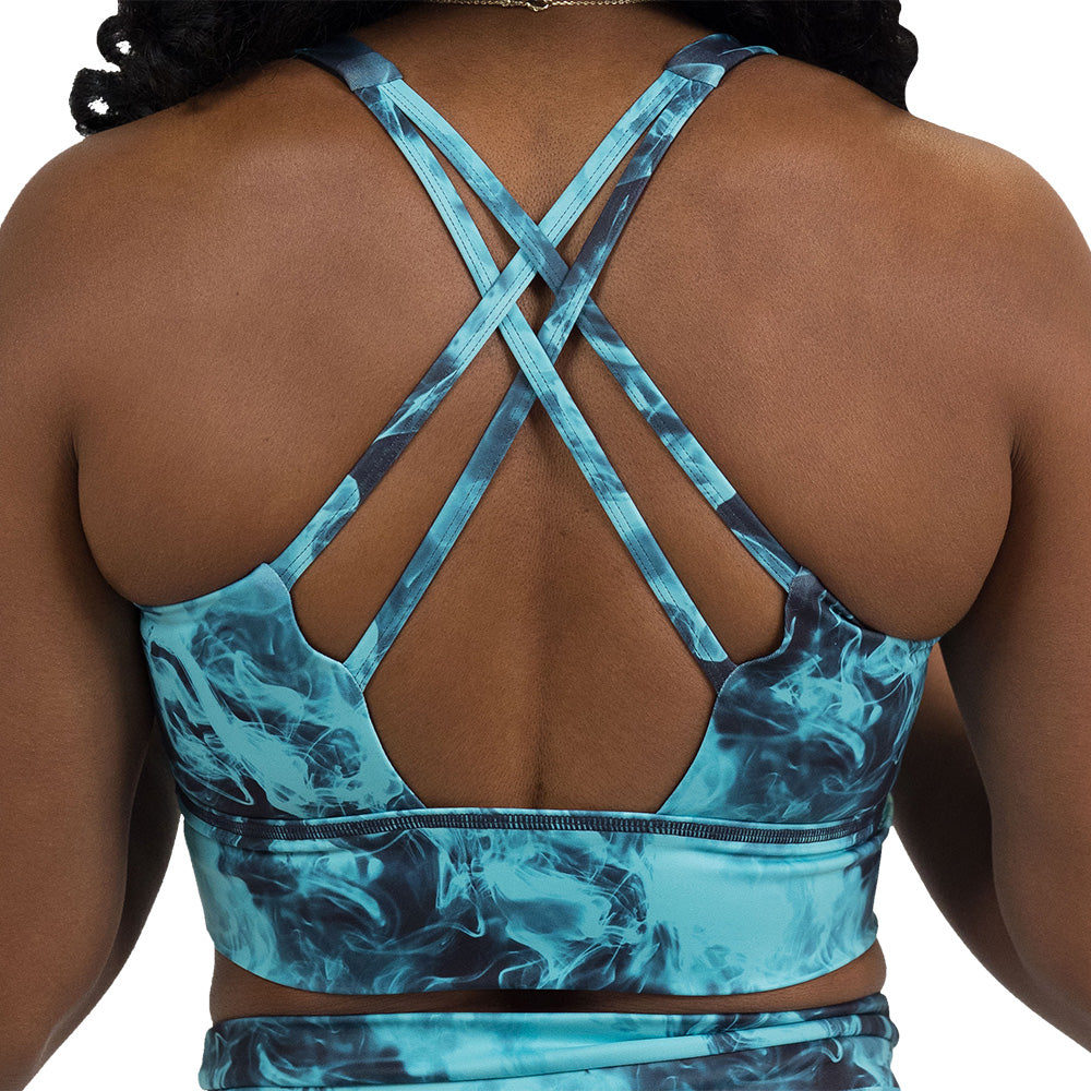 back of the blue smokey longline bra against a white background