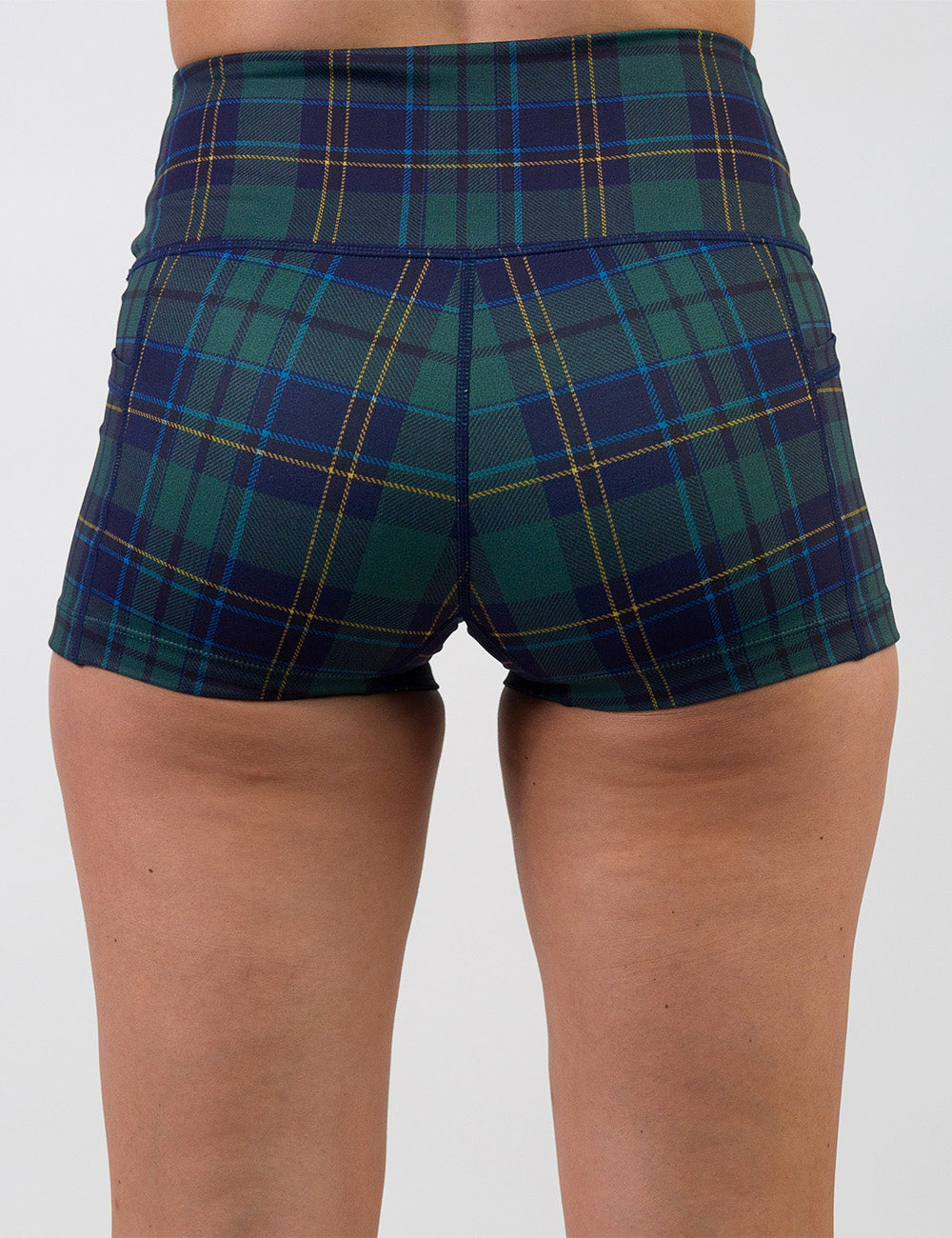 back of the 2.5 inch blue, green, and yellow plaid shorts against a white background