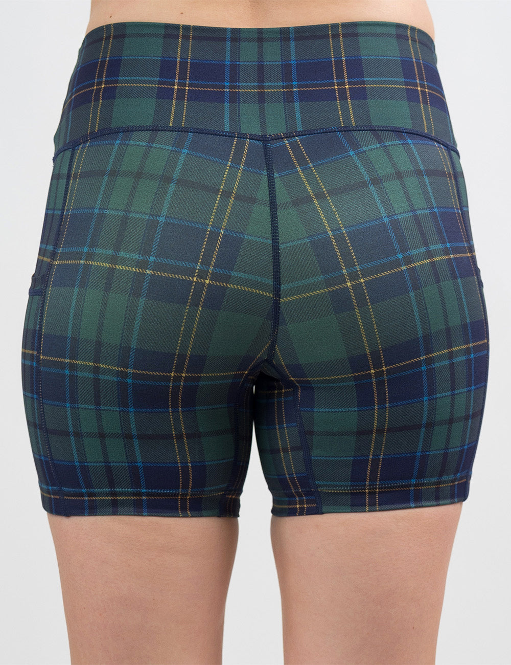 back of the 5 inch blue, green, and yellow plaid shorts against a white background