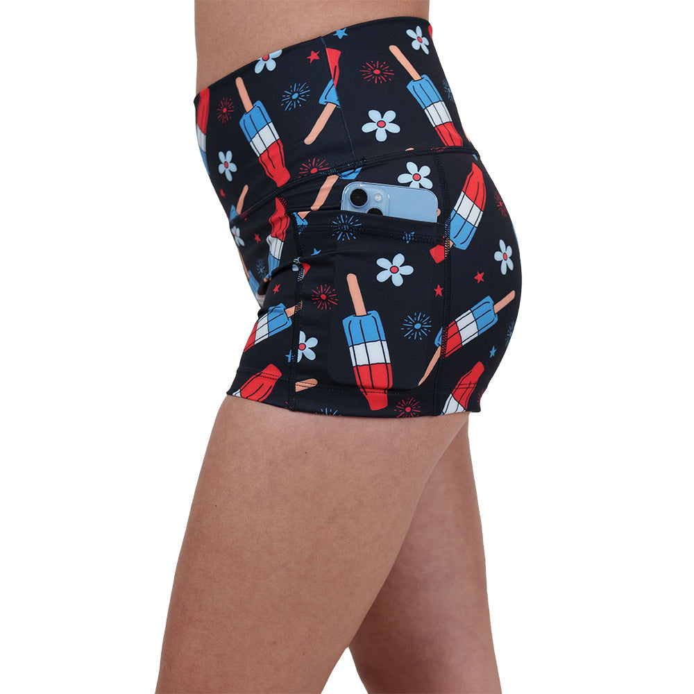 red, white and blue popsicle print shorts
