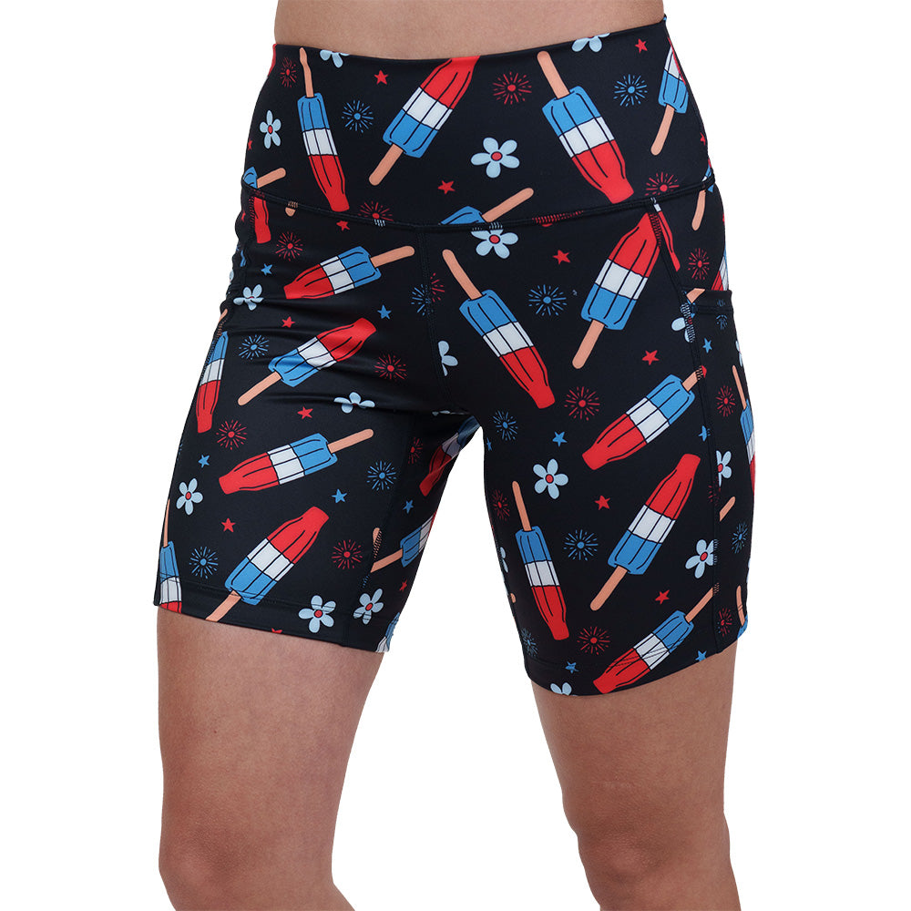 red, white and blue popsicle print shorts