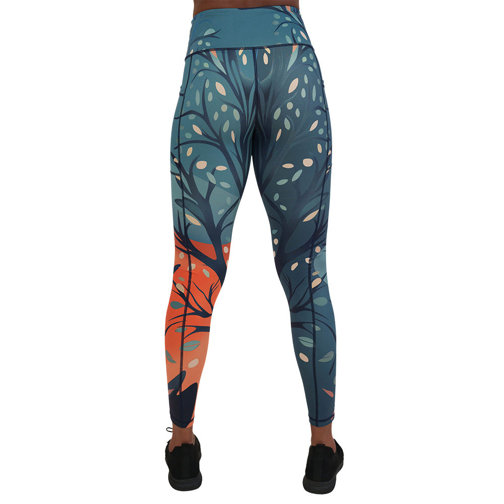 back of the Blue leaf-patterned leggings