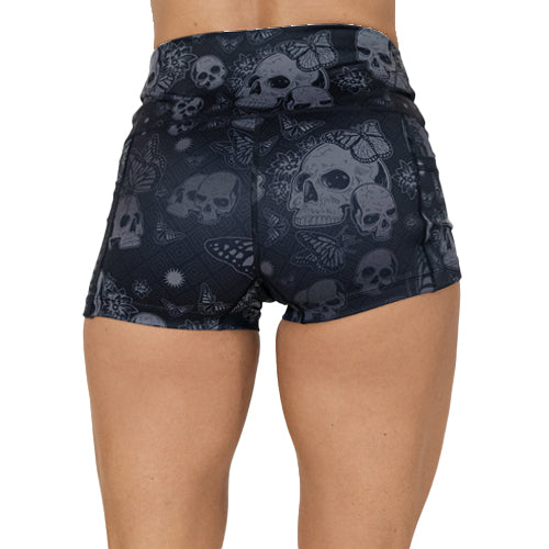 back of 2.5 inch grey and black skull and butterfly shorts