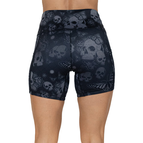 back of 5 inch grey and black skull and butterfly shorts