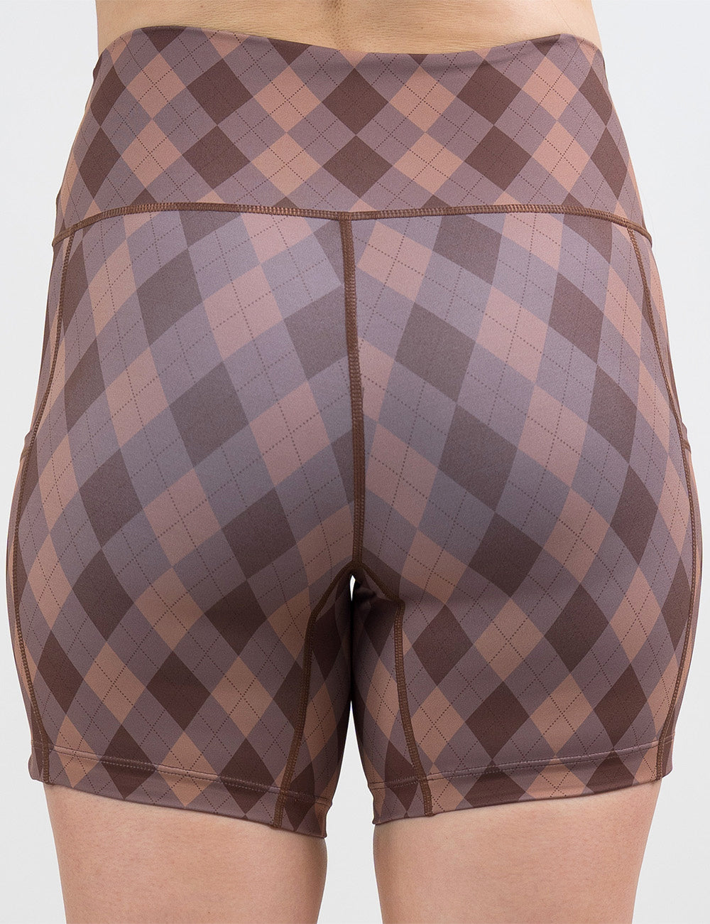 back of the 5 inch beige, grey, and brown plaid shorts against a white background