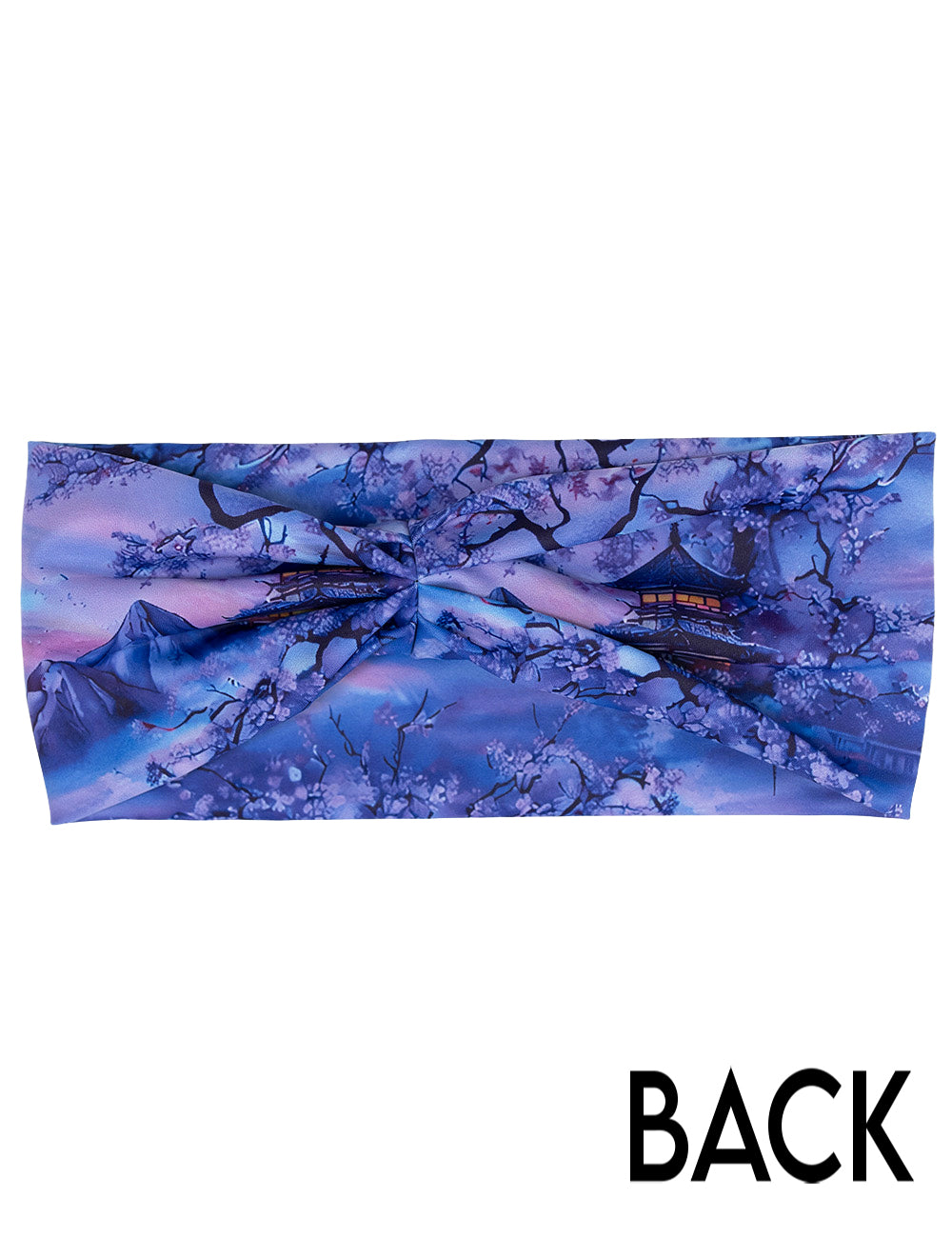 back of the blue and lavender headband with blooming cherry trees and a pagoda against a white background