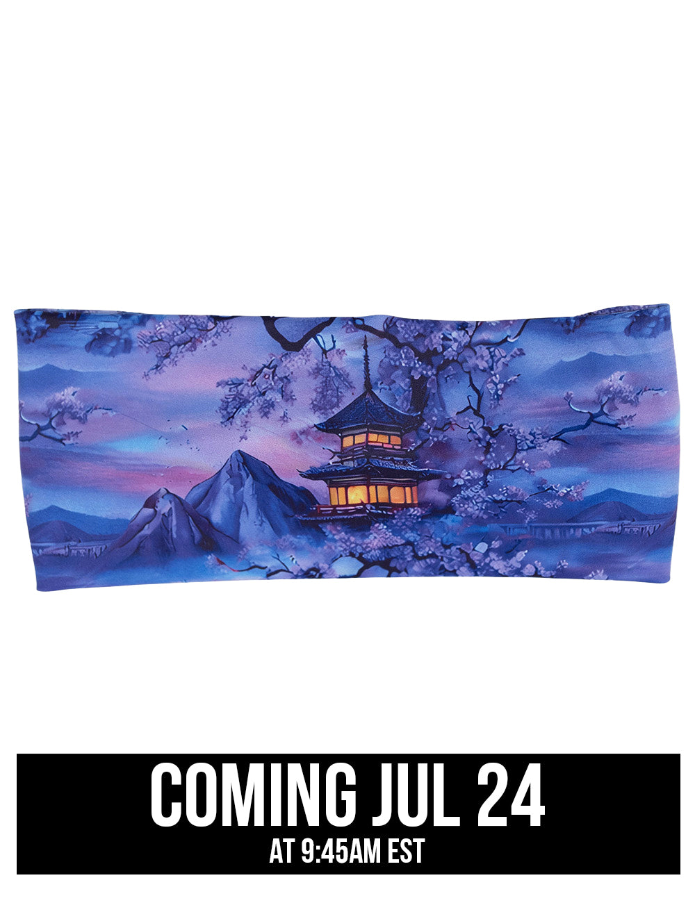 front of the blue and lavender headband with blooming cherry trees and a pagoda against a white background, coming july 24th