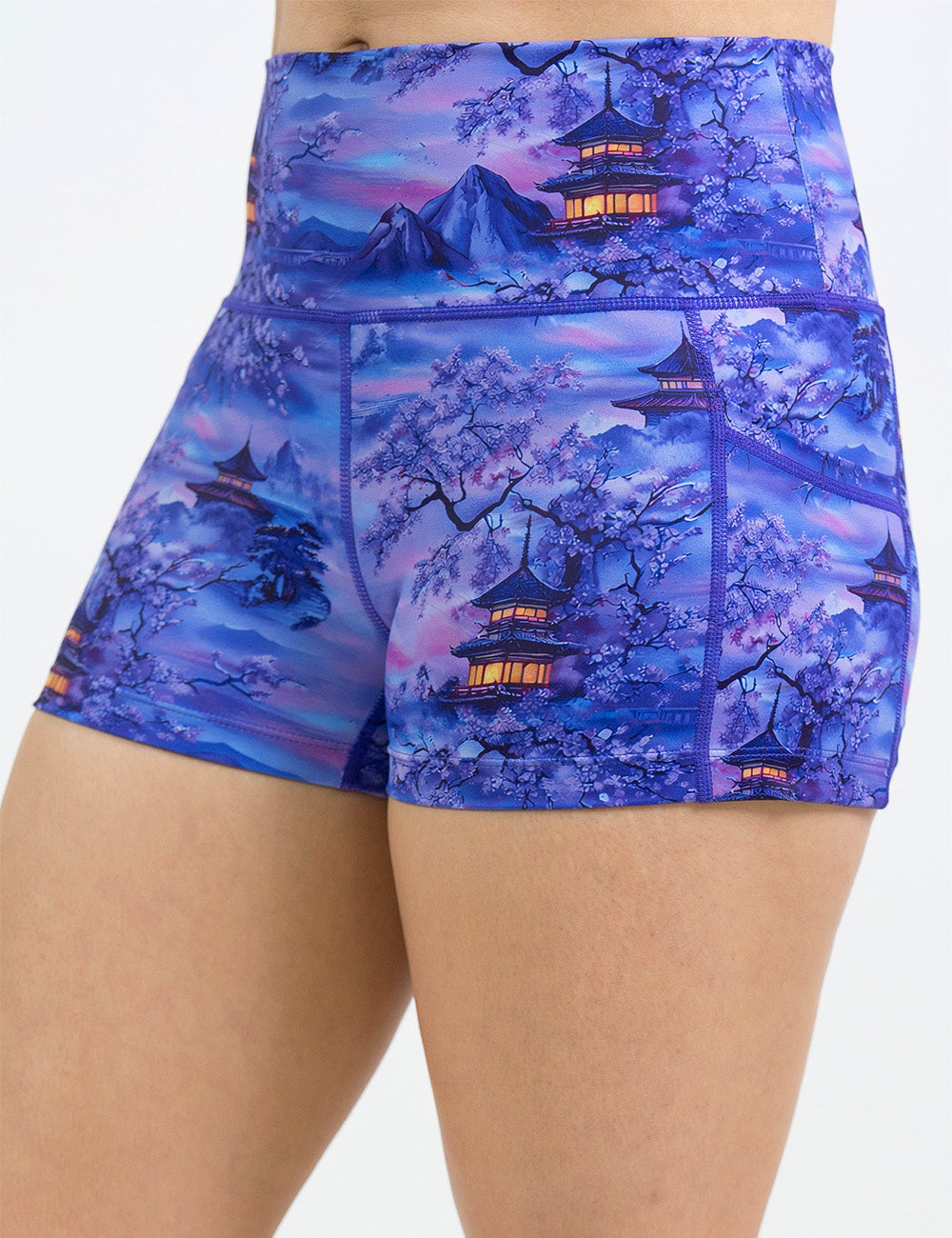 front of the 2.5 inch blue and lavender shorts with traditional pagodas and blooming cherry trees