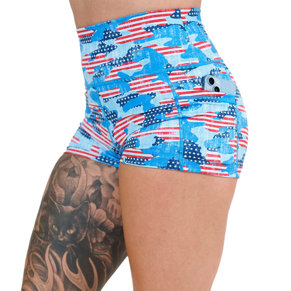 camo flag print shorts side pocket