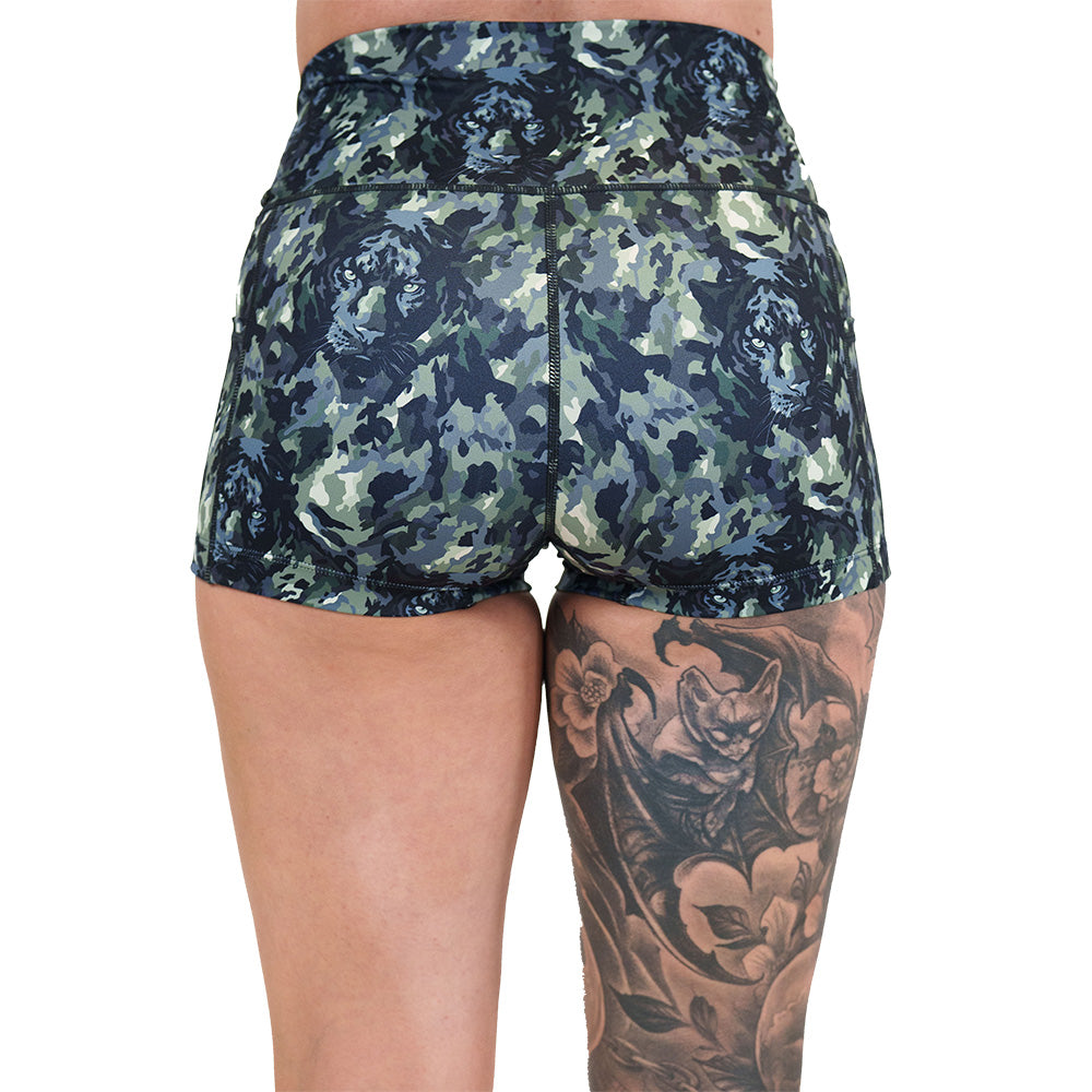 back of the panther camo print shorts