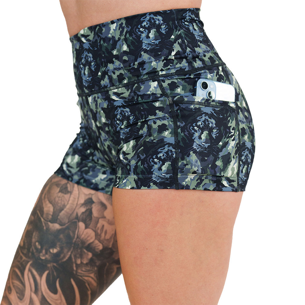 side pocket on the panther camo print shorts
