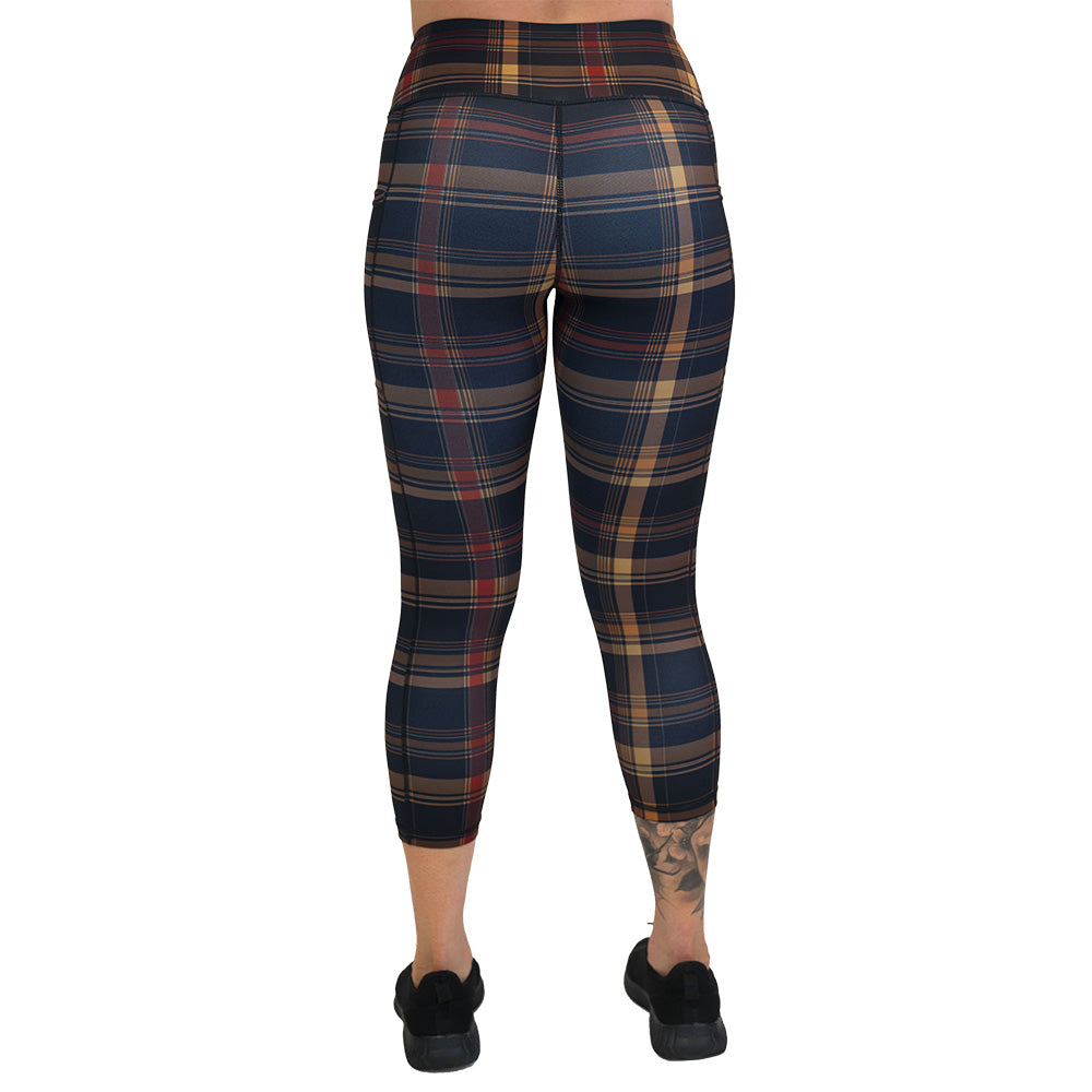 back of the brown, yellow & red plaid patterned leggings