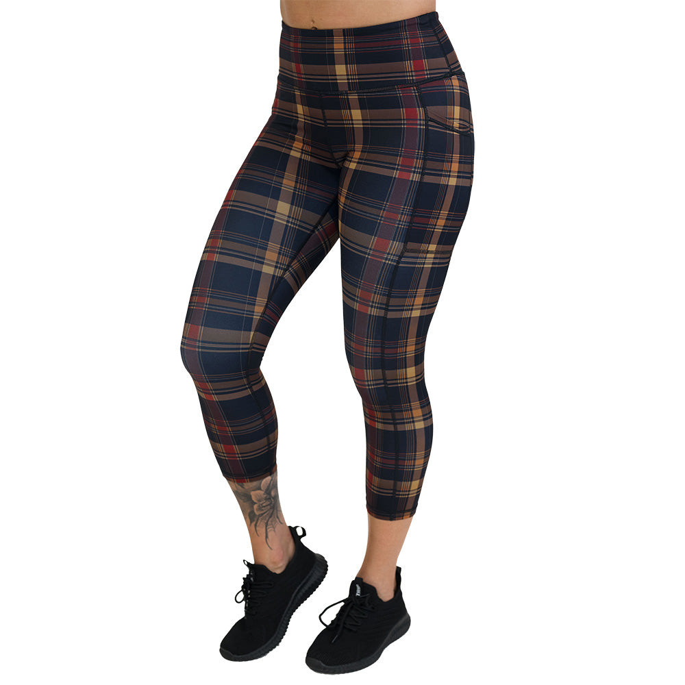 brown, yellow & red plaid patterned leggings