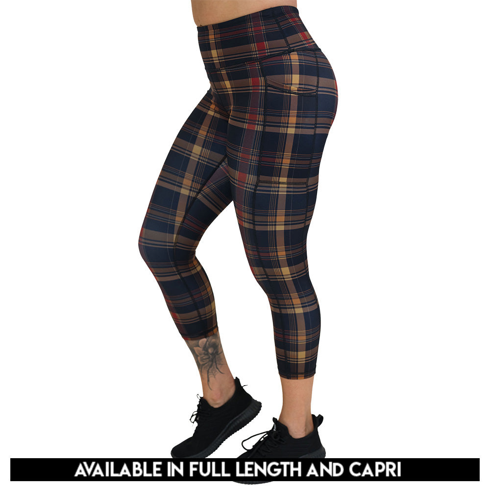 brown, yellow & red plaid patterned leggings available in full and capri length