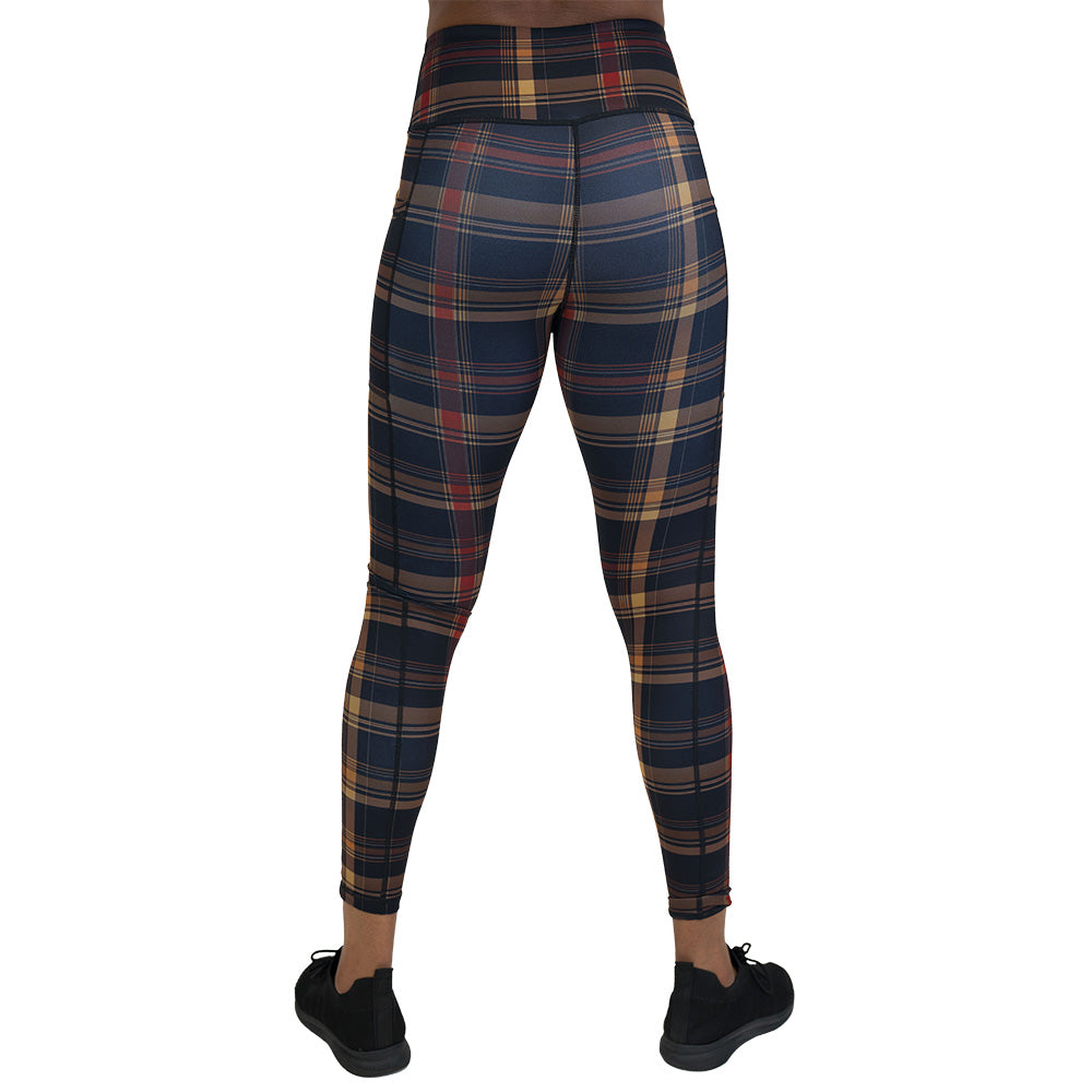 back of the brown, yellow & red plaid patterned leggings