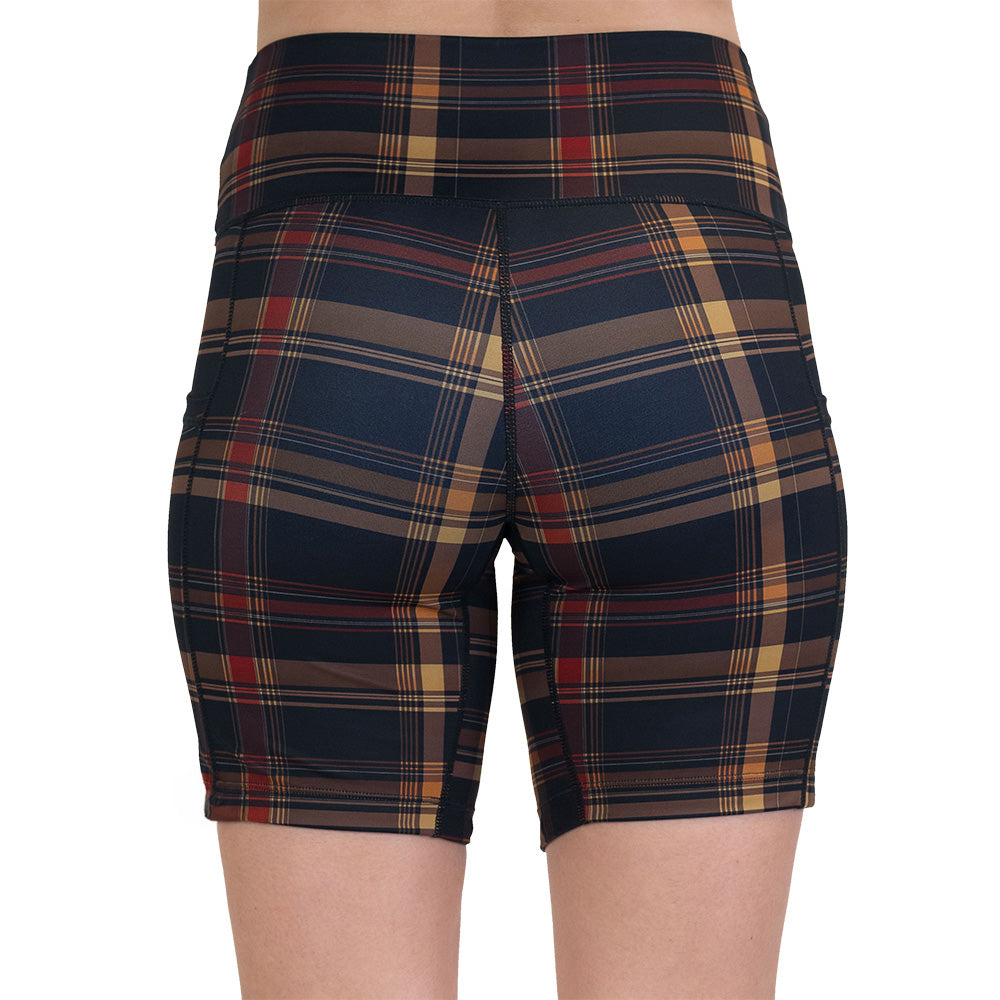 back of the brown, yellow & red plaid patterned shorts