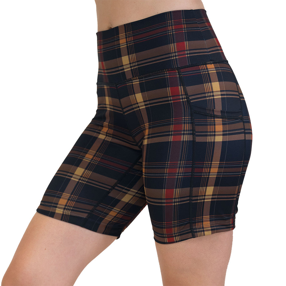 brown, yellow & red plaid patterned shorts