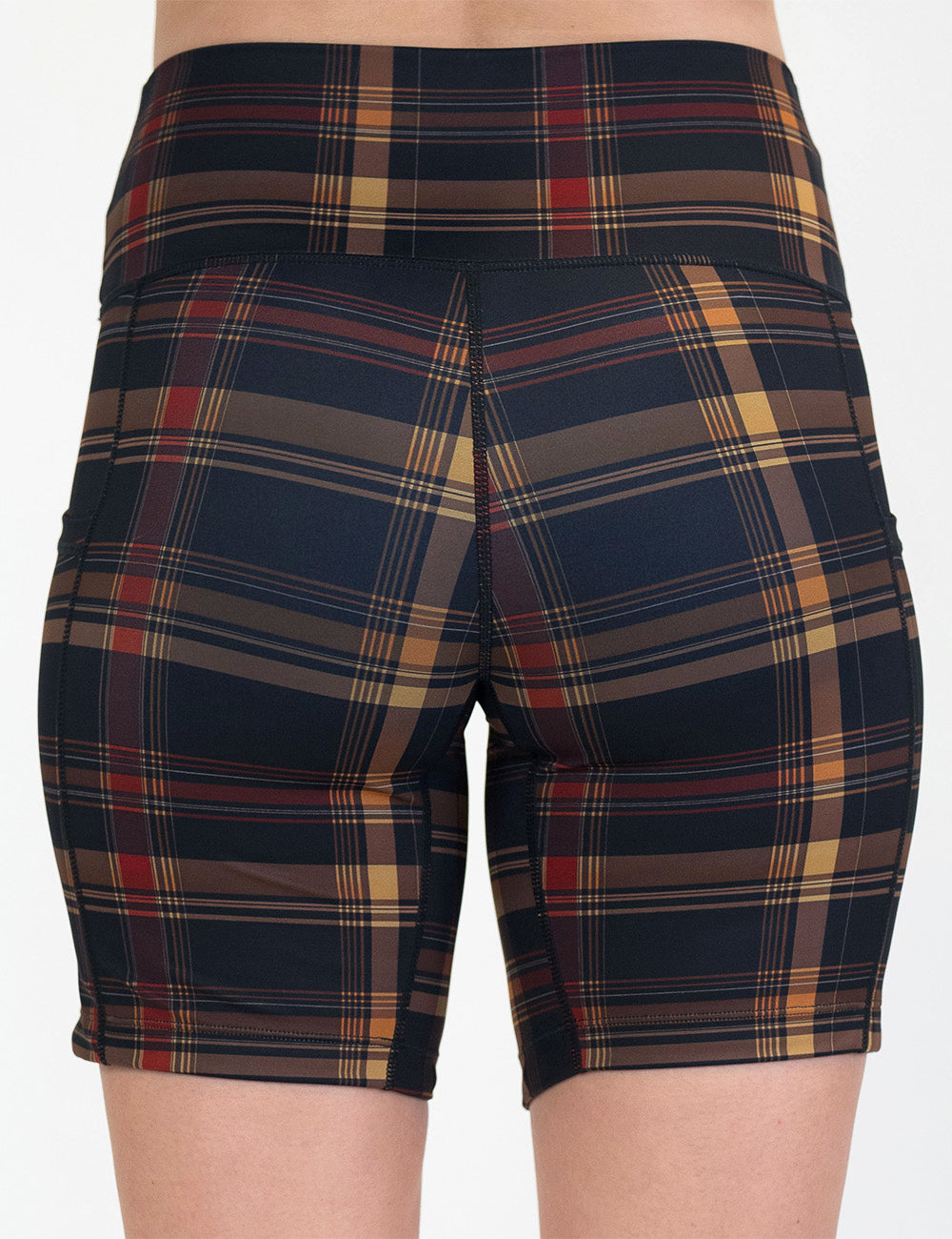 back of the 7 inch black, red, and gold plaid shorts against a white background