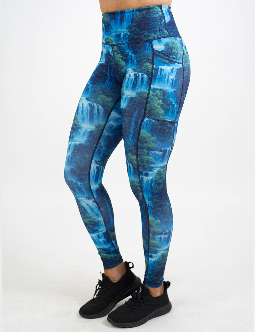 front of the full length waterfall leggings against a white background