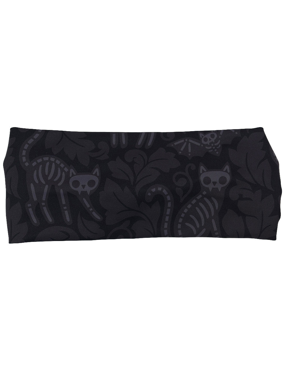 front of the dark grey skeleton cats and bats headband against a white background