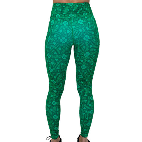 back of full length green celtic knots patterned leggings