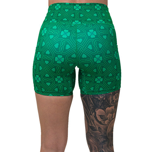 back of 5 inch green celtic knots patterned shorts