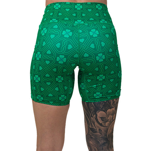back of 7 inch green celtic knots patterned shorts