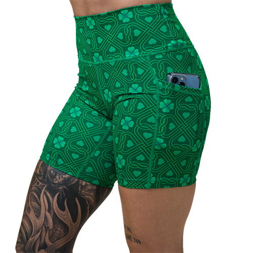 green celtic knots patterned short's side pocket