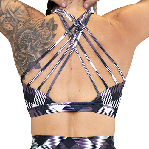 back of purple plaid sports bra