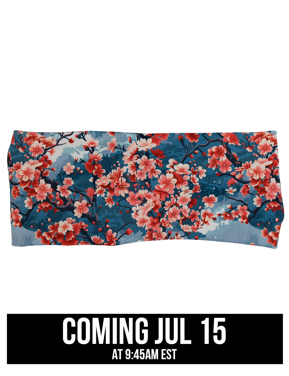 front of the cherry blossom tree headband against a white background, coming july 15th