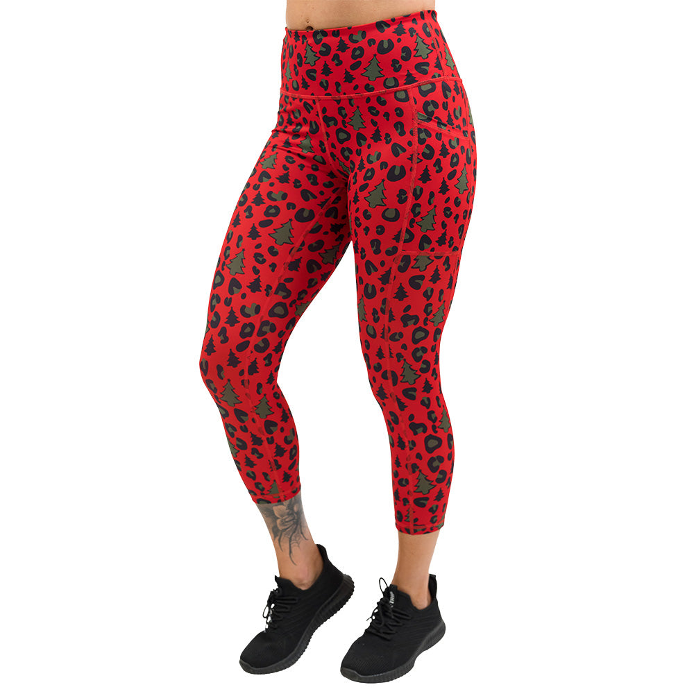 red and green Christmas tree leopard print leggings