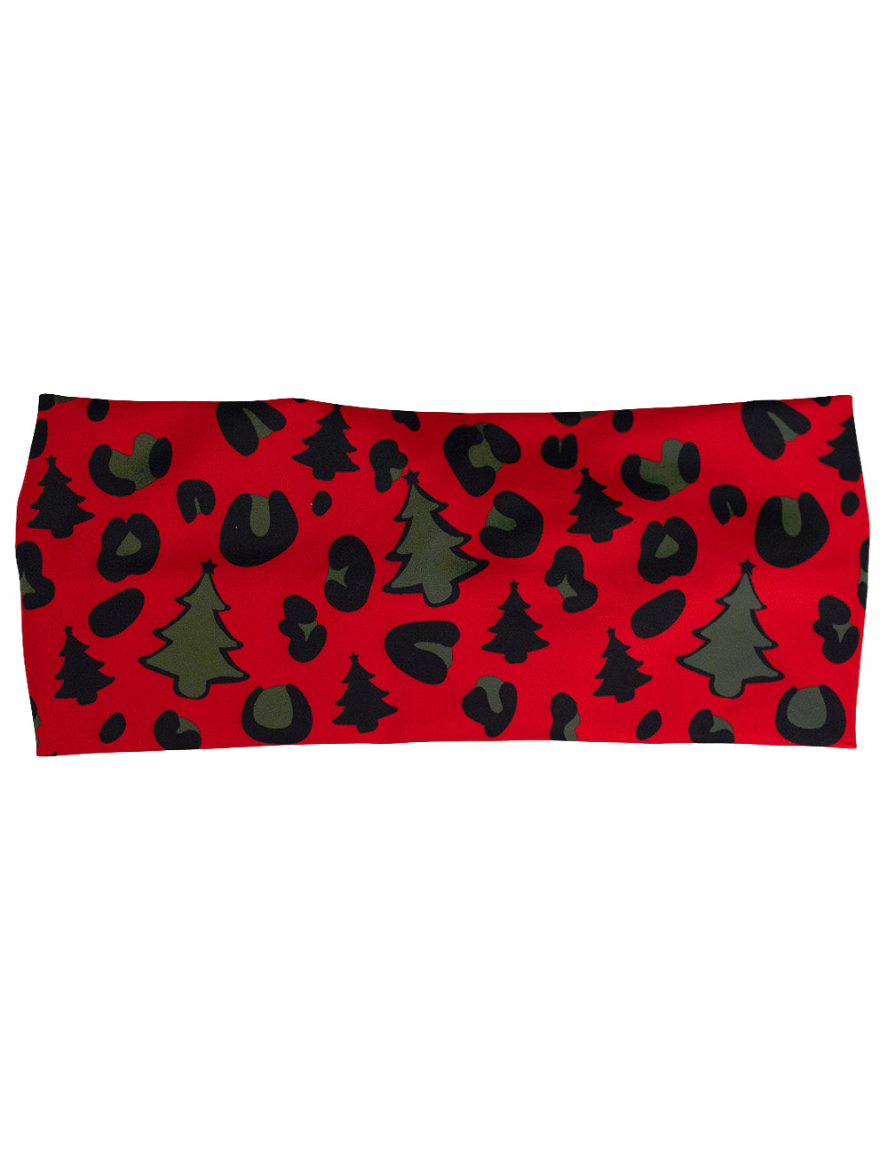 front of the red and brown Christmas trees and leopard print headband against a white background