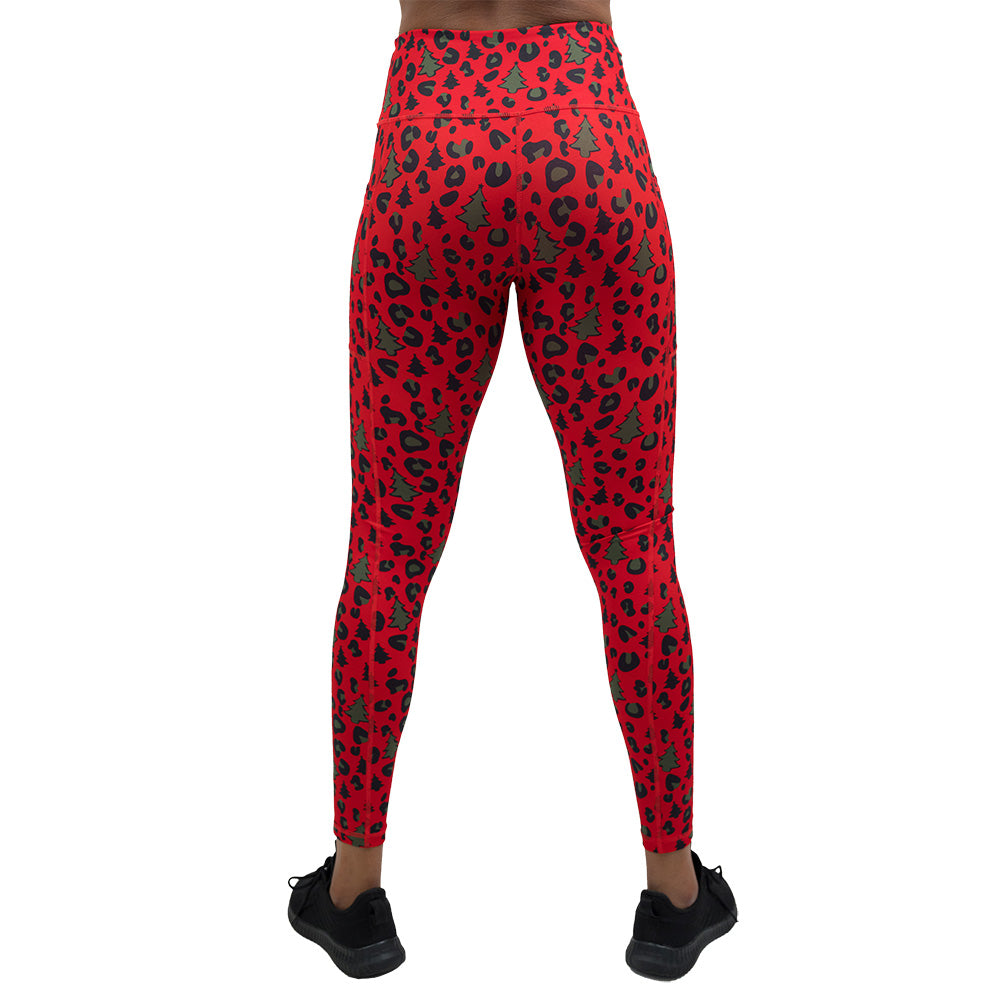 back of the red and green Christmas tree leopard print leggings
