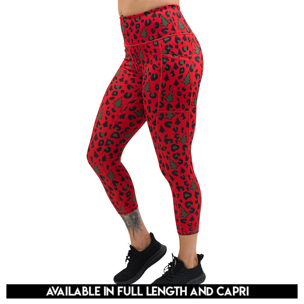 red and green Christmas tree leopard print leggings