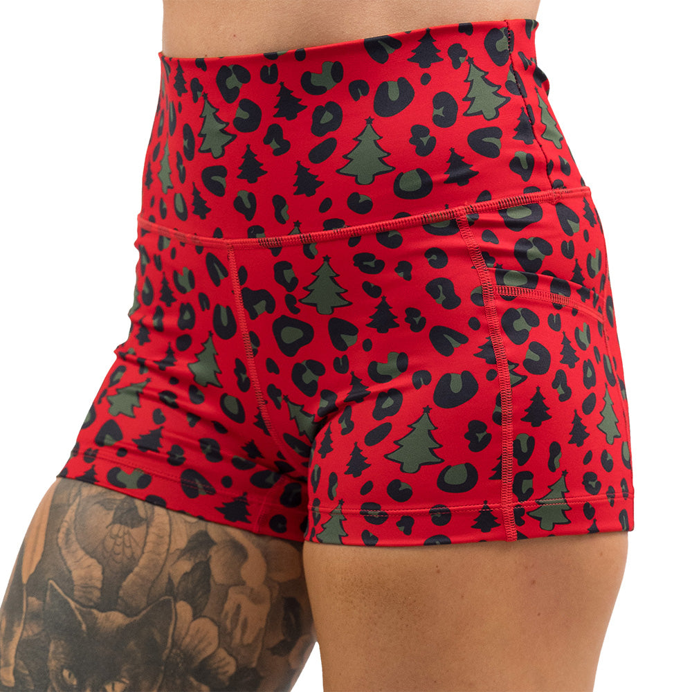 red and green Christmas tree leopard print shorts