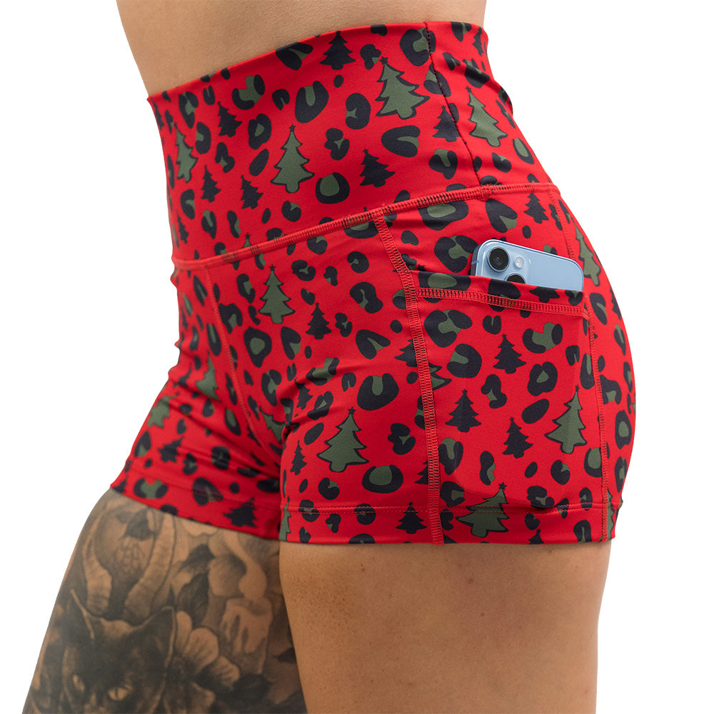 red and green Christmas tree leopard print shorts