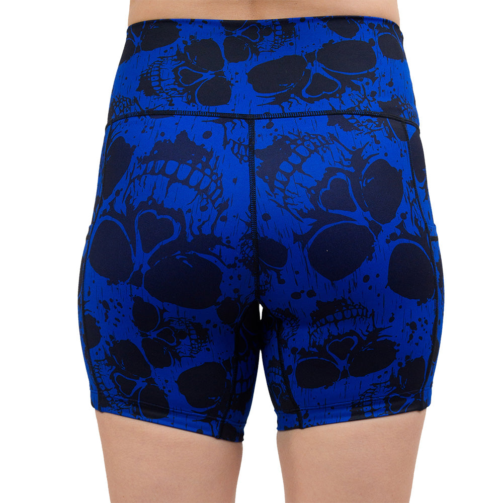 back of the 5 inch dark skulls against a blue background pattern shorts against a white background