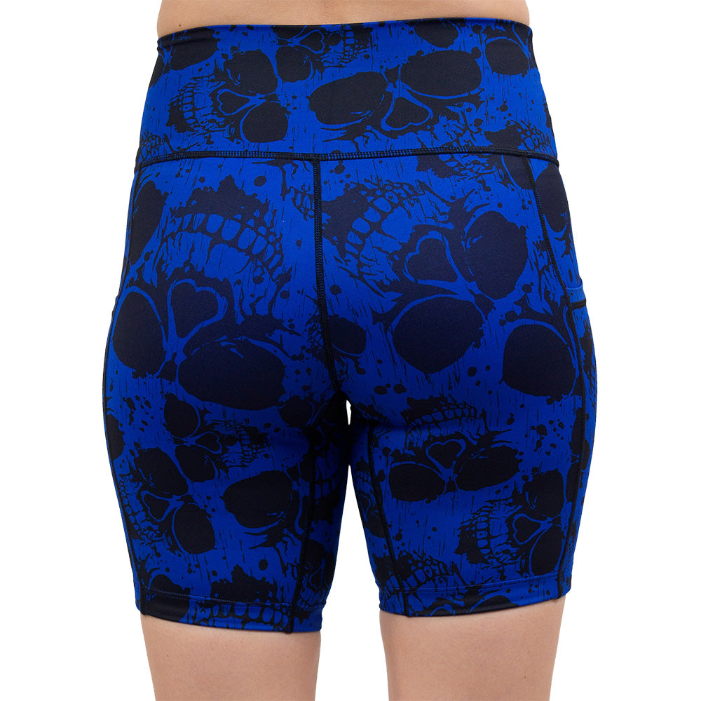 back of the 7 inch dark skulls against a blue background pattern shorts against a white background