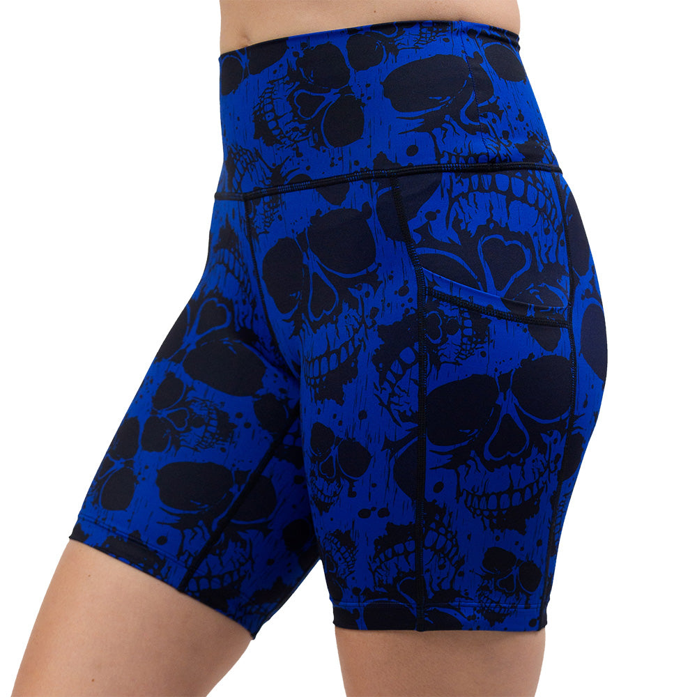 front of the 7 inch dark skulls against a blue background pattern shorts against a white background