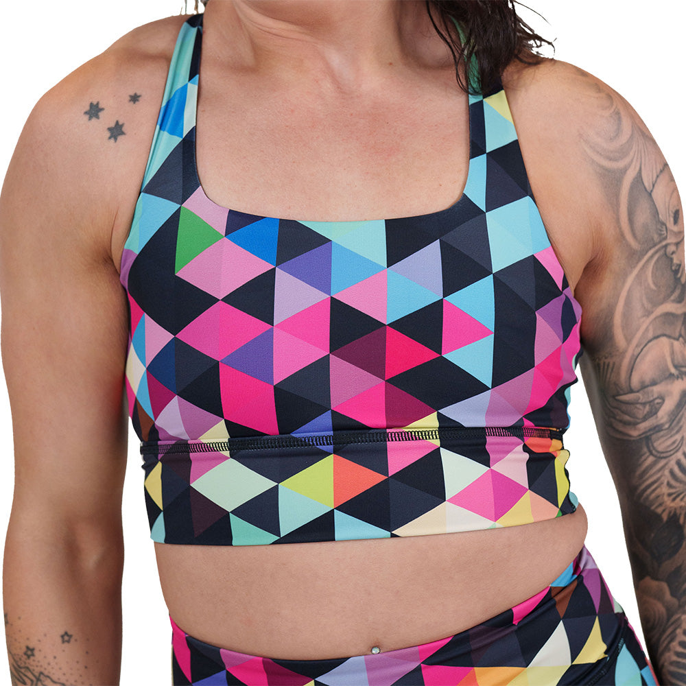 rainbow color block patterned sports bra