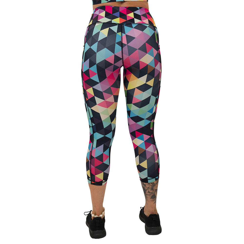 back of the Colorful geometric-patterned leggings on a white background