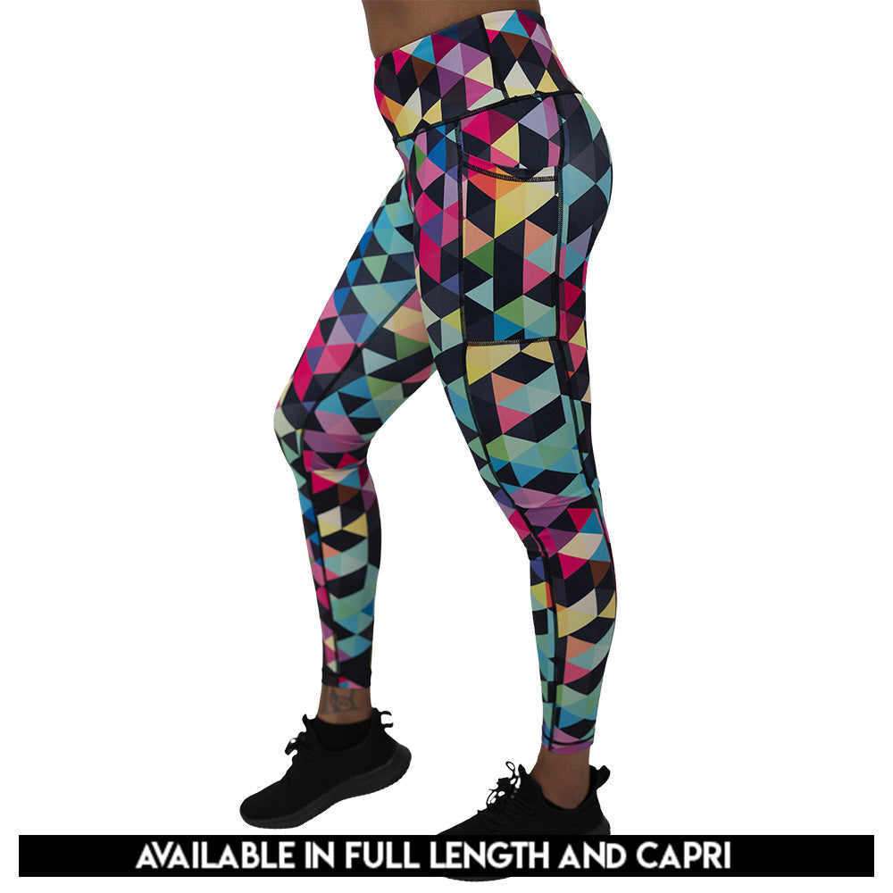 Colorful geometric-patterned leggings available in full and capri length