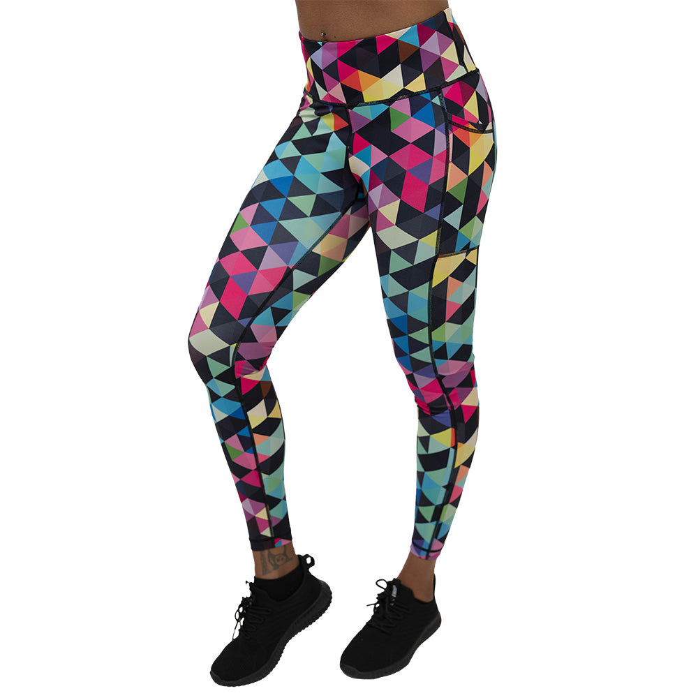 Colorful geometric-patterned leggings on a white background