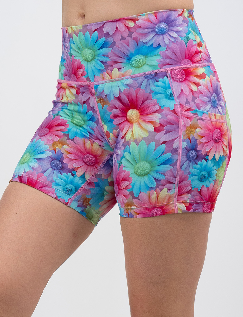 front of the 5 inch pastel colored flowers shorts against a white background