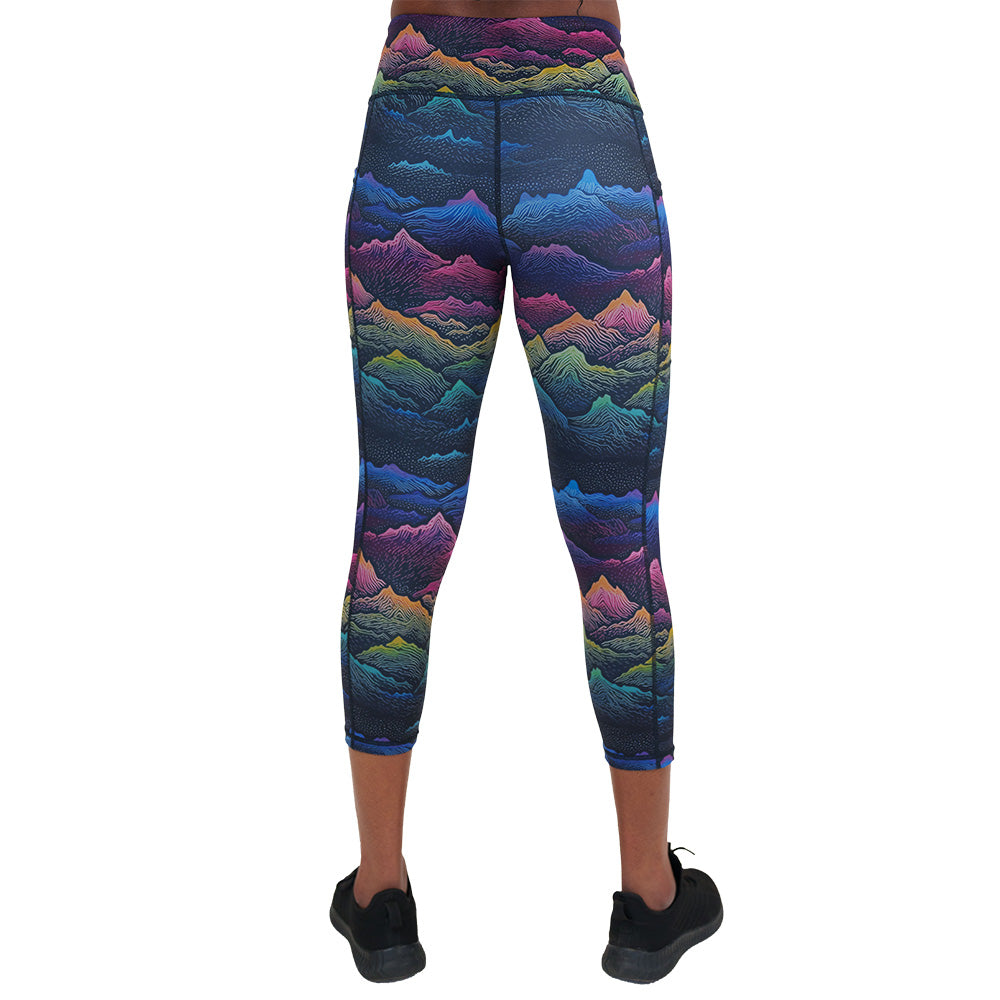 back of the colorful mountain print leggings