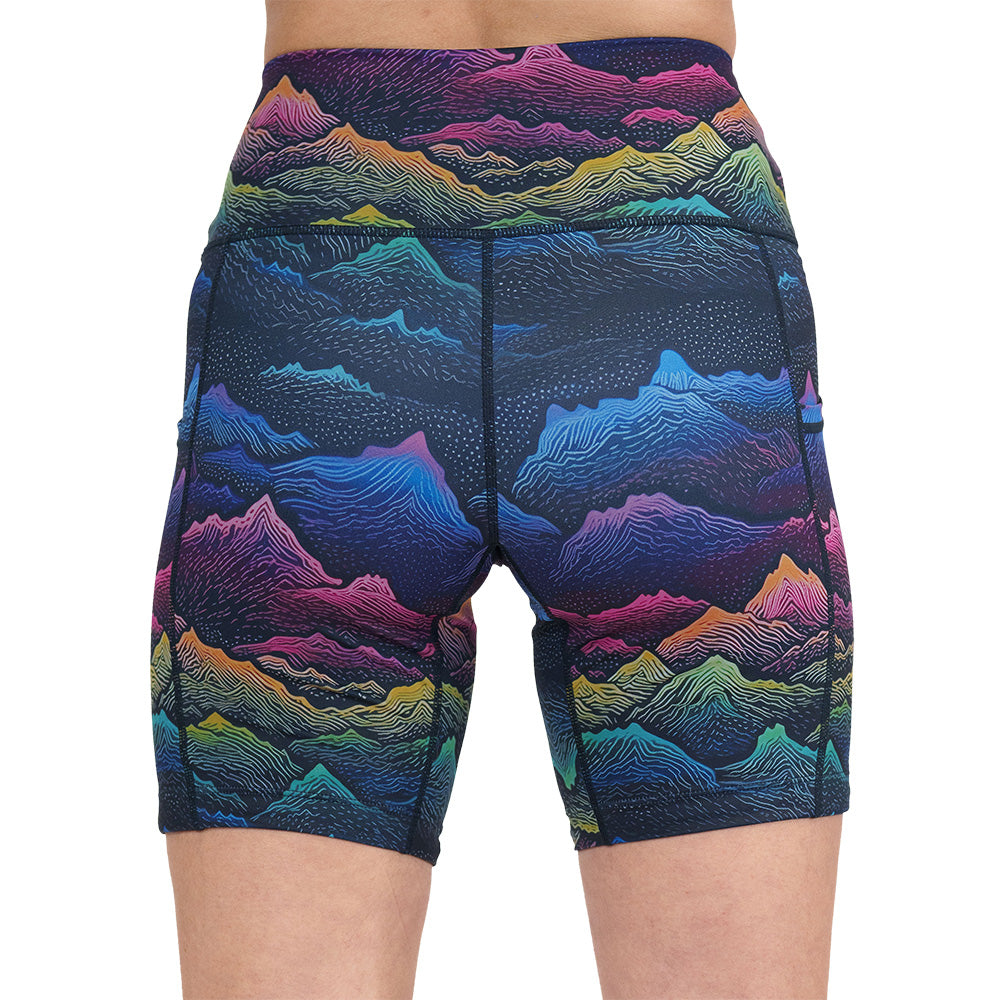 back of the colorful mountain print shorts