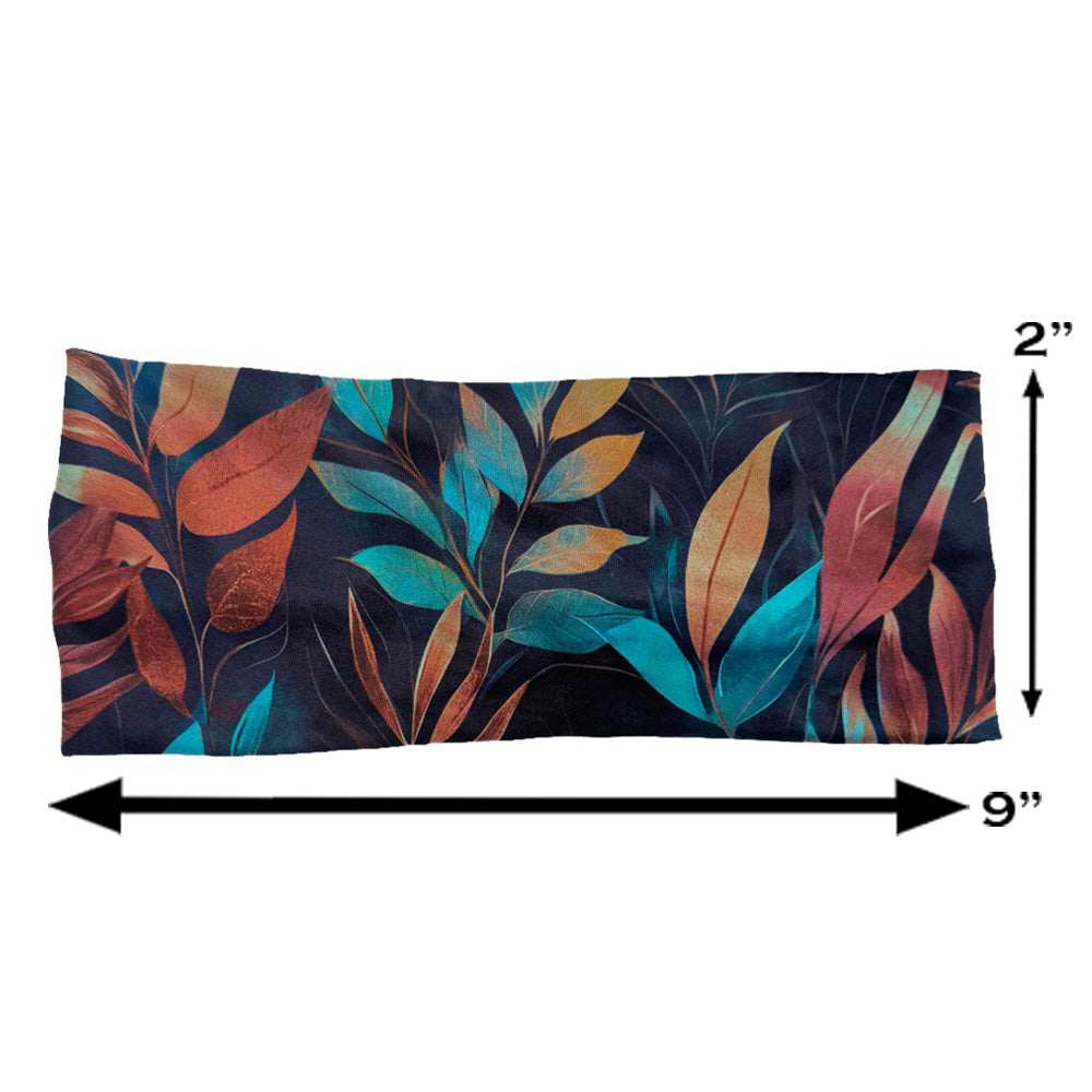 Colorful leaf-patterned headband measured at 2 by 9 inches