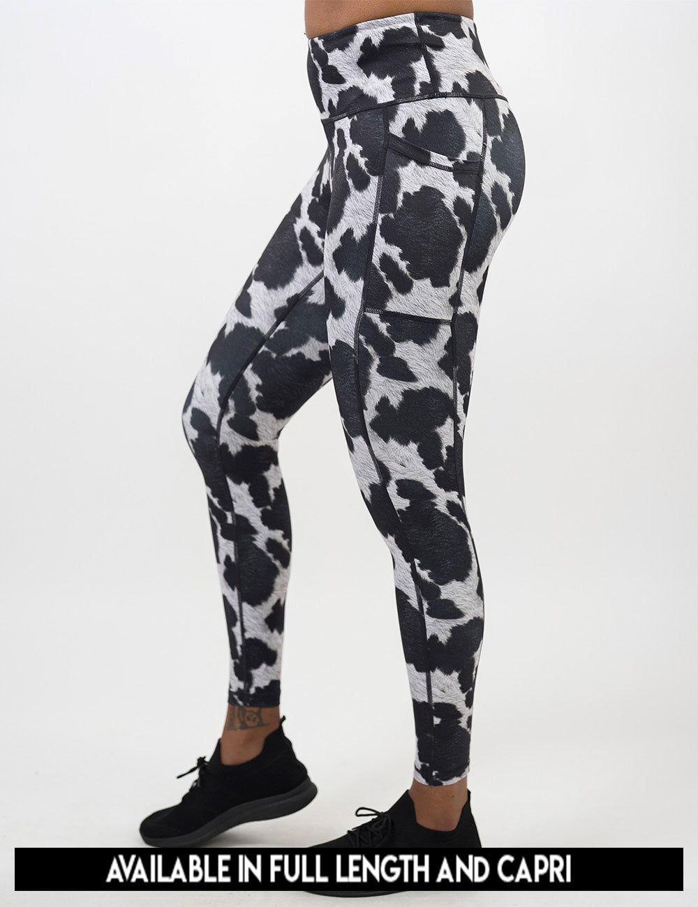 available lengths for the cow print leggings, lengths include full length and capri