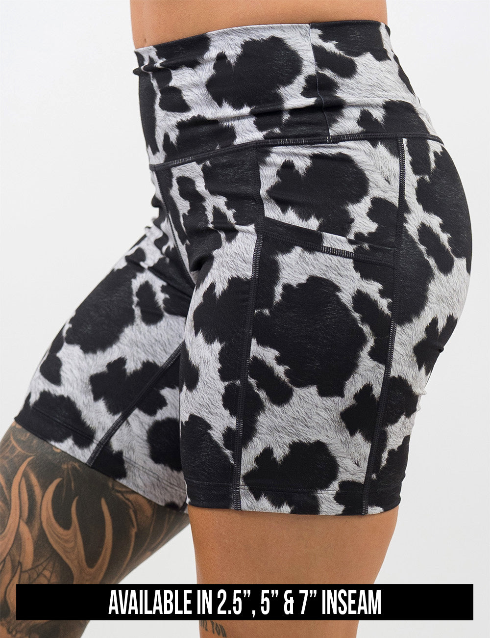 available inseam lengths for the cow print shorts, lengths include 2.5, 5, and 7 inches